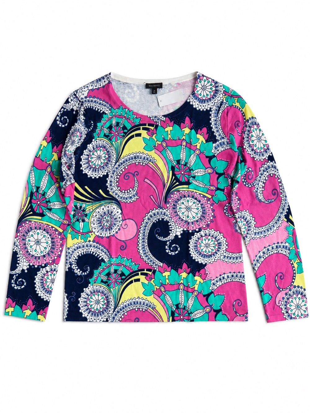 Talbots Crewneck Sweater Preppy Long Sleeve Top Paisley Floral Multicolor Large
